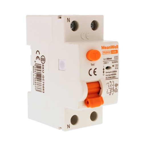 [GC75663] MeanWell RCCB Interruttore Differenziale Puro Tipo AC 1P+N 2M 6000A 300mA 63A AC 230V IP20 IEC61008-1 PR8NM