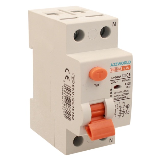 [GC15163] RCCB Interruttore Differenziale Puro Tipo A 1P+N 2M 10000A 30mA 63A AC 230V IP20 IEC61008-1 PR8HM