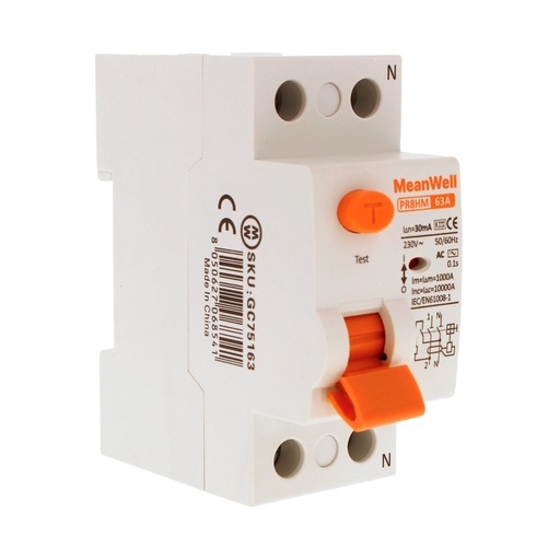 [GC75163] MeanWell RCCB Interruttore Differenziale Puro Tipo AC 1P+N 2M 10000A 30mA 63A AC 230V IP20 IEC61008-1 PR8HM