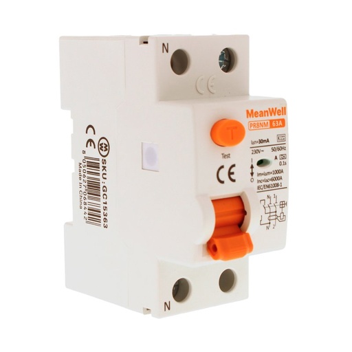 [GC15363] MeanWell RCCB Interruttore Differenziale Puro Tipo A 1P+N 2M 6000A 30mA 63A AC 230V IP20 IEC61008-1 PR8NM