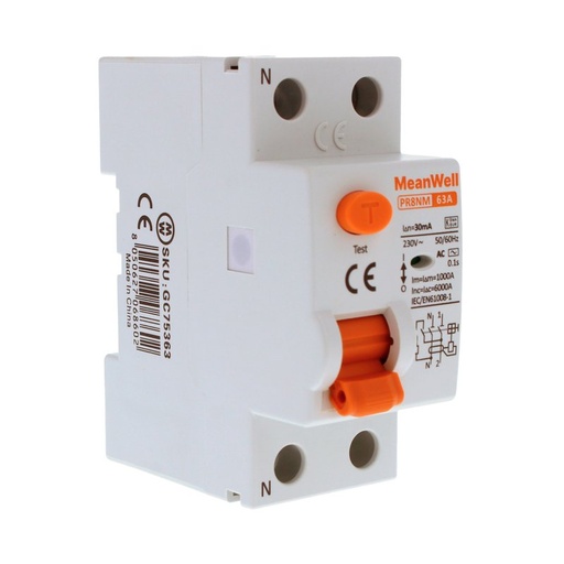 [GC75363] MeanWell RCCB Interruttore Differenziale Puro Tipo AC 1P+N 2M 6000A 30mA 63A AC 230V IP20 IEC61008-1 PR8NM