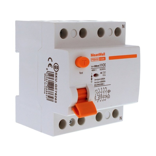 [GC76263] MeanWell RCCB Interruttore Differenziale Puro Tipo AC 3P+N 4M 10000A 300mA 63A AC 400V IP20 IEC61008-1 PR8HM