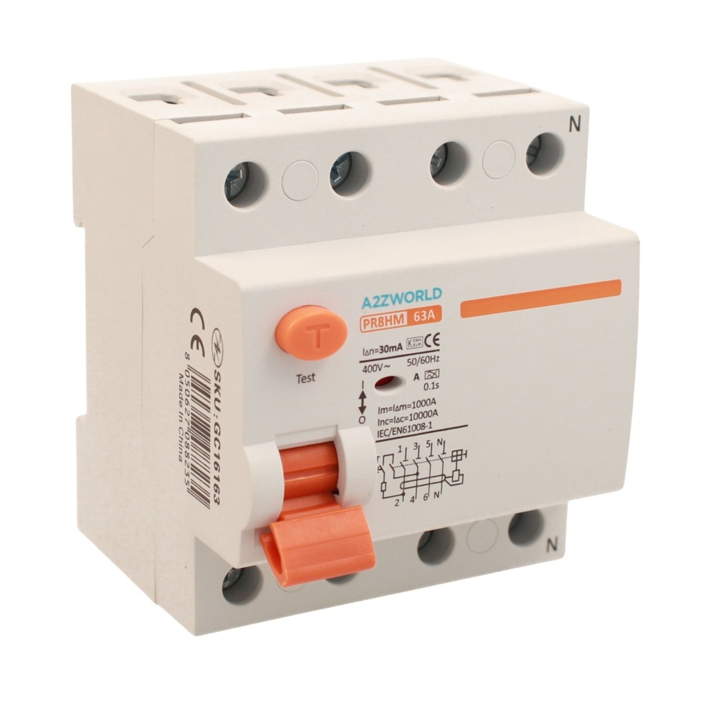 RCCB Interruttore Differenziale Puro Tipo A 3P+N 4M 10000A 30mA 63A AC 400V IP20 IEC61008-1 PR8HM