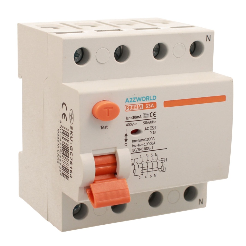 A2ZWORLD RCCB Interruttore Differenziale Puro Tipo AC 3P+N 4M 10000A 63A AC 400V IP20 IEC61008-1 PR8HM, Disponibili 30mA 300mA