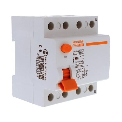 [GC76163] MeanWell RCCB Interruttore Differenziale Puro Tipo AC 3P+N 4M 10000A 30mA 63A AC 400V IP20 IEC61008-1 PR8HM