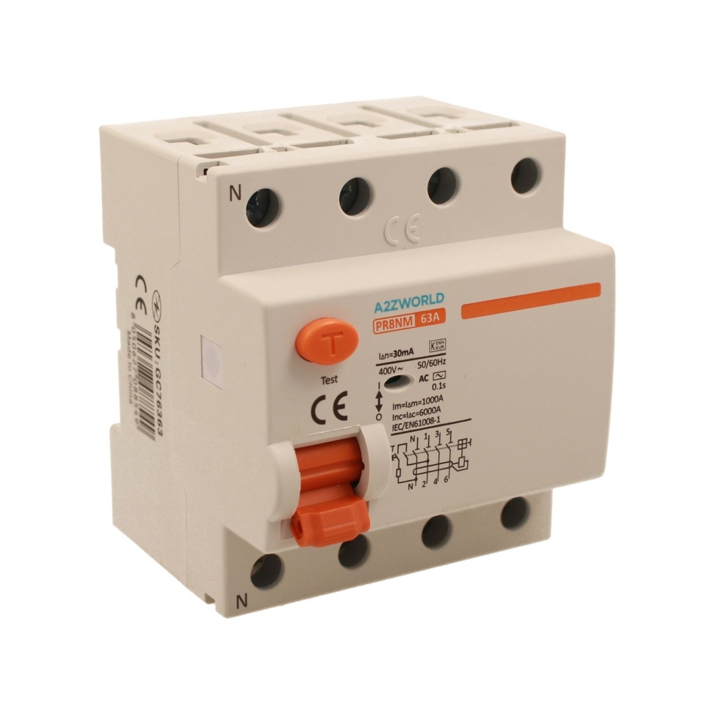 A2ZWORLD RCCB Interruttore Differenziale Puro Tipo AC 3P+N 4M 6000A 63A AC 400V IP20 IEC61008-1 PR8NM, Disponibili 30mA 300mA