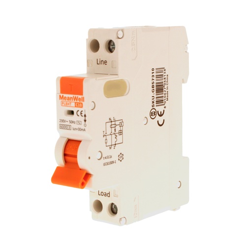 [GB57310] MeanWell RCBO Interruttore Magnetotermico Differenziale Tipo AC Curva C 1P+N 1M 6000A 30mA C10A AC 230V IP20 IEC61009-1 PL8HT