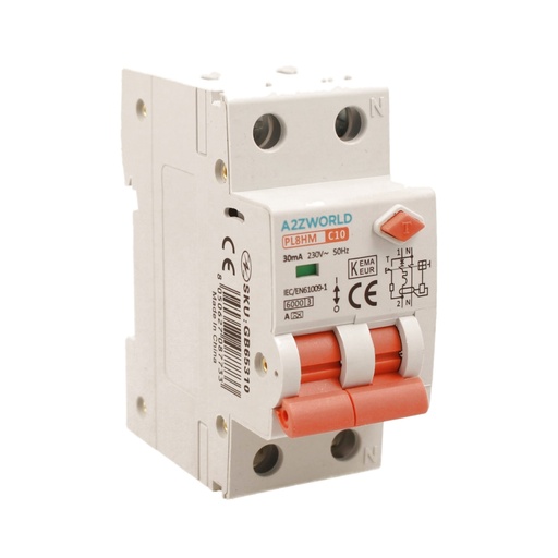 [GB65310] RCBO Doppia Leva, Interruttore Magnetotermico Differenziale Tipo A Curva C 1P+N 2M 6000A 30mA C10A AC 230V IP20 IEC61009-1 PL8HM