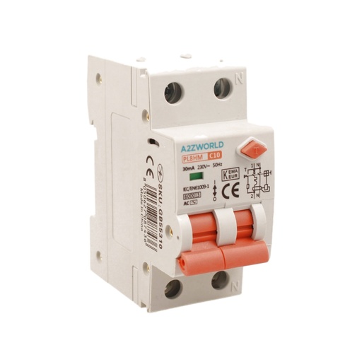 [GB55310] RCBO Doppia Leva, Interruttore Magnetotermico Differenziale Tipo AC Curva C 1P+N 2M 6000A 30mA C10A AC 230V IP20 IEC61009-1 PL8HM