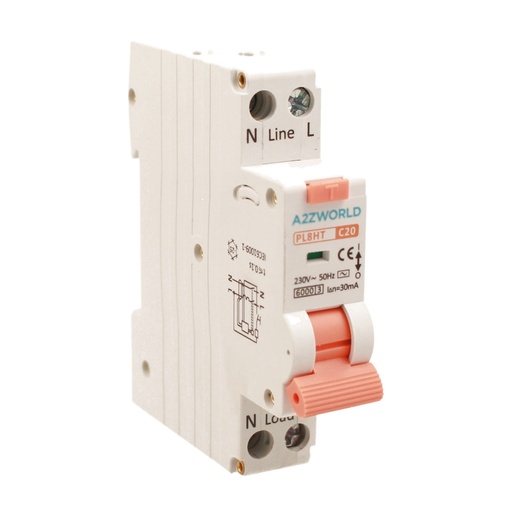 [GB57320] RCBO Interruttore Magnetotermico Differenziale Tipo AC Curva C 1P+N 1M 6000A 30mA C20A AC 230V IP20 IEC61009-1 PL8HT