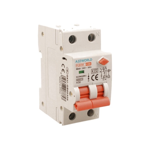 [GB65320] RCBO Doppia Leva, Interruttore Magnetotermico Differenziale Tipo A Curva C 1P+N 2M 6000A 30mA C20A AC 230V IP20 IEC61009-1 PL8HM