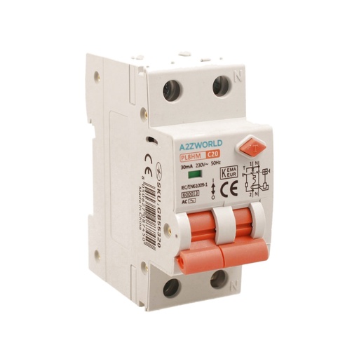 [GB55320] RCBO Doppia Leva, Interruttore Magnetotermico Differenziale Tipo AC Curva C 1P+N 2M 6000A 30mA C20A AC 230V IP20 IEC61009-1 PL8HM