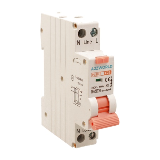 [GB57325] RCBO Interruttore Magnetotermico Differenziale Tipo AC Curva C 1P+N 1M 6000A 30mA C25A AC 230V IP20 IEC61009-1 PL8HT