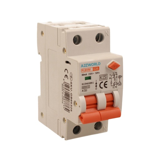 [GB65325] RCBO Doppia Leva, Interruttore Magnetotermico Differenziale Tipo A Curva C 1P+N 2M 6000A 30mA C25A AC 230V IP20 IEC61009-1 PL8HM