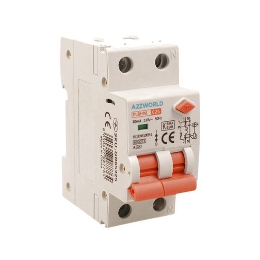 [GB65325] RCBO Doppia Leva, Interruttore Magnetotermico Differenziale Tipo A Curva C 1P+N 2M 6000A 30mA C25A AC 230V IP20 IEC61009-1 PL8HM