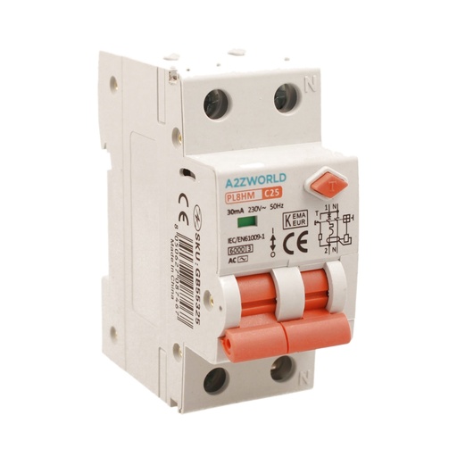 [GB55325] RCBO Doppia Leva, Interruttore Magnetotermico Differenziale Tipo AC Curva C 1P+N 2M 6000A 30mA C25A AC 230V IP20 IEC61009-1 PL8HM