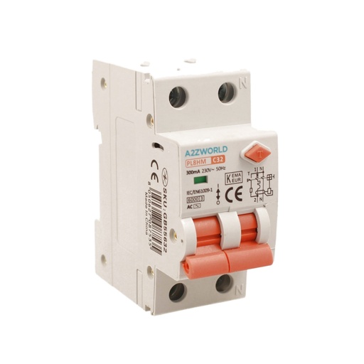 [GB55632] RCBO Doppia Leva, Interruttore Magnetotermico Differenziale Tipo AC Curva C 1P+N 2M 6000A 300mA C32A AC 230V IP20 IEC61009-1 PL8HM