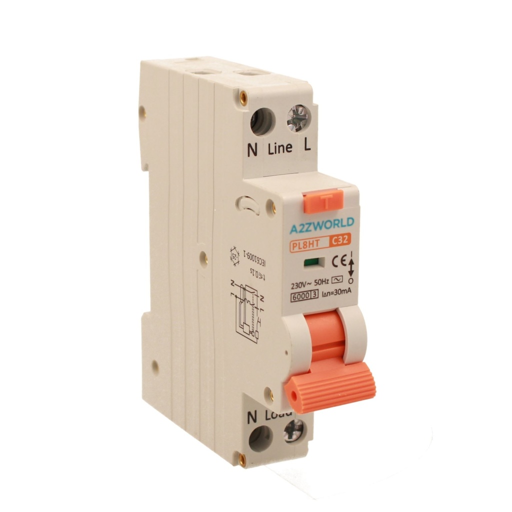 RCBO Interruttore Magnetotermico Differenziale Tipo AC Curva C 1P+N 1M 6000A 30mA C32A AC 230V IP20 IEC61009-1 PL8HT