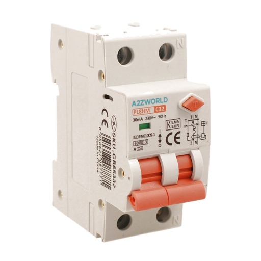 [GB65332] RCBO Doppia Leva, Interruttore Magnetotermico Differenziale Tipo A Curva C 1P+N 2M 6000A 30mA C32A AC 230V IP20 IEC61009-1 PL8HM