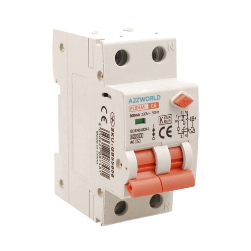 [GB55606] RCBO Doppia Leva, Interruttore Magnetotermico Differenziale Tipo AC Curva C 1P+N 2M 6000A 300mA C6A AC 230V IP20 IEC61009-1 PL8HM