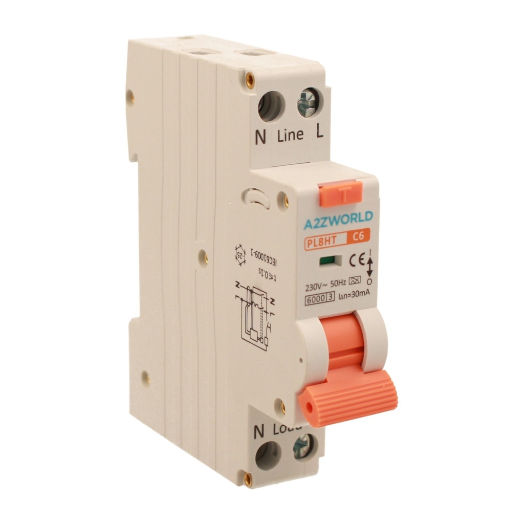 A2ZWORLD RCBO Interruttore Magnetotermico Differenziale Tipo A Curva C 1P+N 1M 6000A 30mA AC 230V IP20 IEC61009-1 PL8HT, Corrente Disponibili 6A 10A 16A 20A 25A 32A