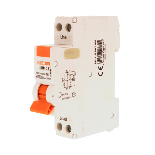 [GB67306] A2ZWORLD RCBO Interruttore Magnetotermico Differenziale Tipo A Curva C 1P+N 1M 6000A 30mA C6A AC 230V IP20 IEC61009-1 PL8HT GB57306