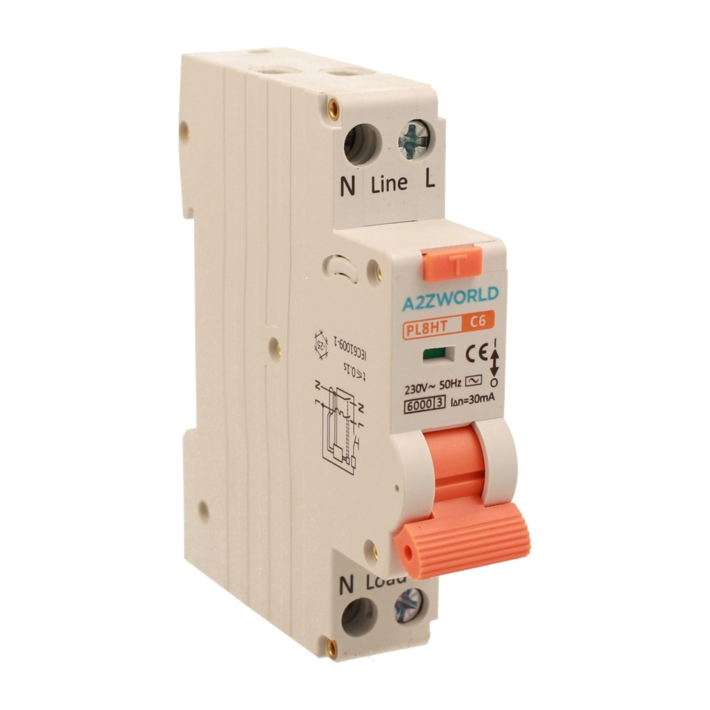 A2ZWORLD RCBO Interruttore Magnetotermico Differenziale Tipo AC Curva C 1P+N 1M 6000A 30mA AC 230V IP20 IEC61009-1 PL8HT, Corrente Disponibili 6A 10A 16A 20A 25A 32A