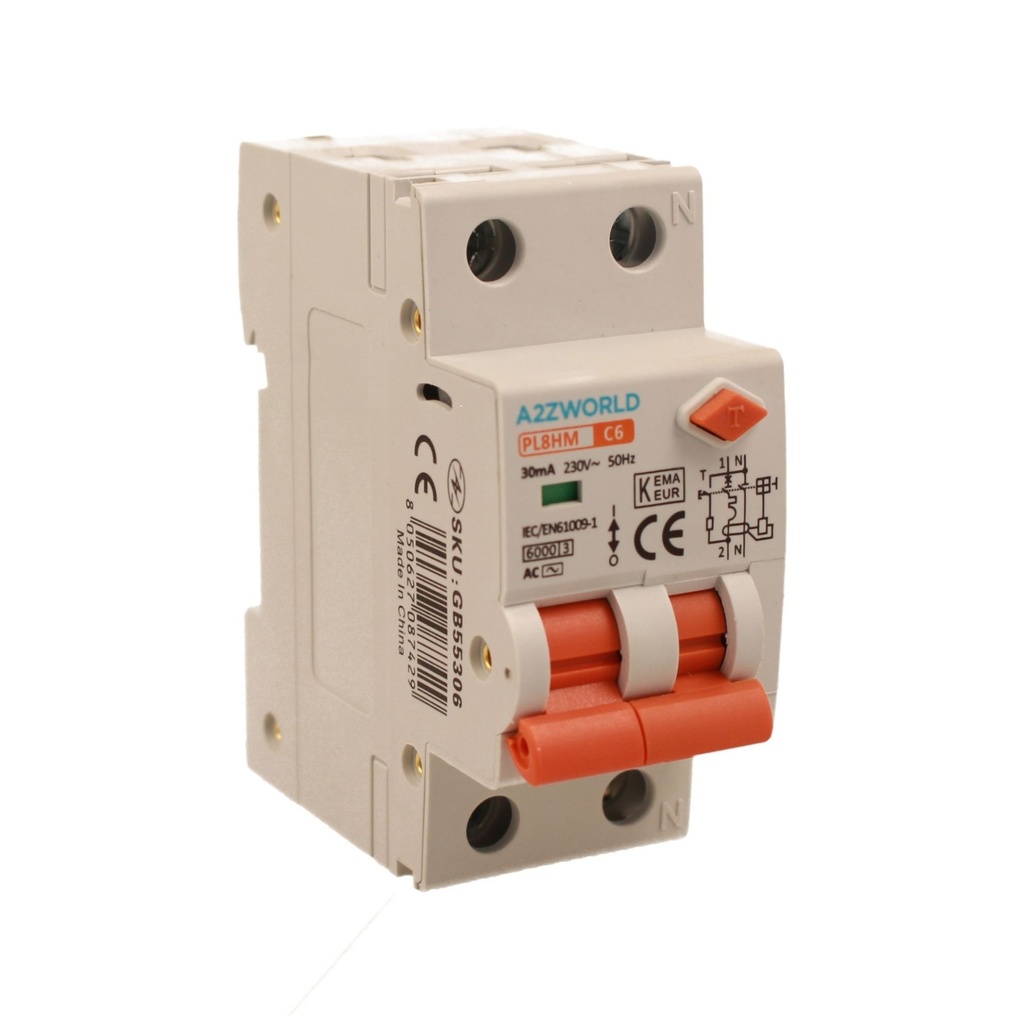 A2ZWORLD RCBO Doppia Leva, Interruttore Magnetotermico Differenziale Tipo AC Curva C 1P+N 2M 6000A 30mA AC 230V IP20 IEC61009-1 PL8HM
