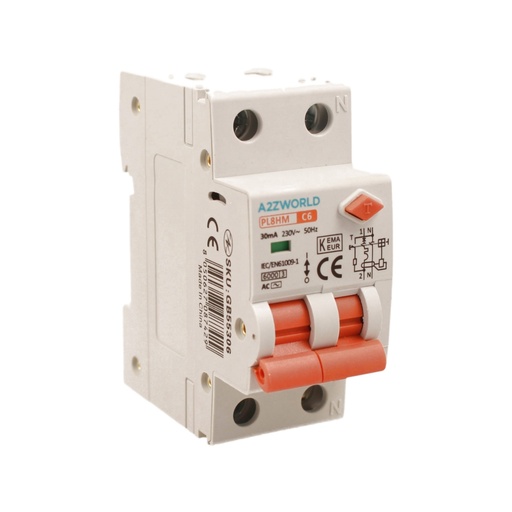 [GB55306] RCBO Doppia Leva, Interruttore Magnetotermico Differenziale Tipo AC Curva C 1P+N 2M 6000A 30mA C6A AC 230V IP20 IEC61009-1 PL8HM