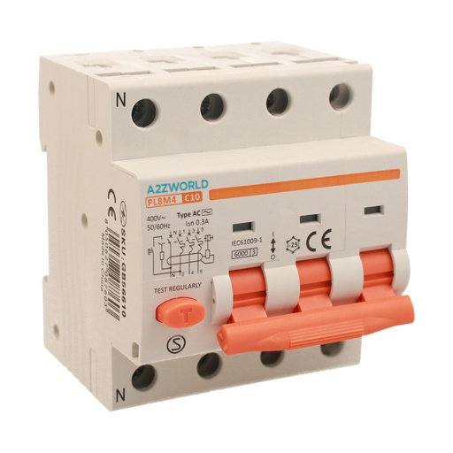 [GB56610] RCBO Interruttore Magnetotermico Differenziale Tipo AC Curva C 3P+N 4M 6000A 300mA C10A AC 400V IP20 IEC61009-1 PL8M4