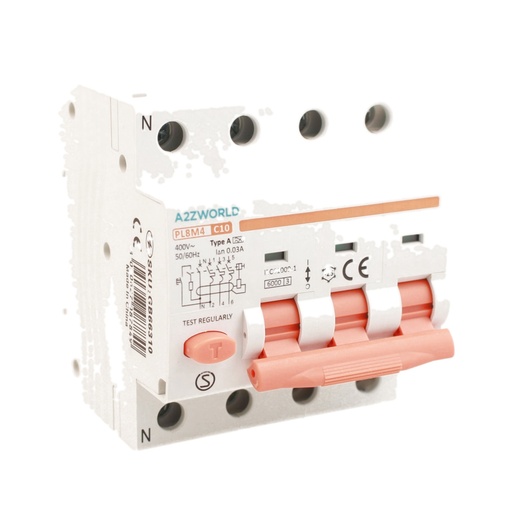 [GB66310] RCBO Interruttore Magnetotermico Differenziale Tipo A Curva C 3P+N 4M 6000A 30mA C10A AC 400V IP20 IEC61009-1 PL8M4