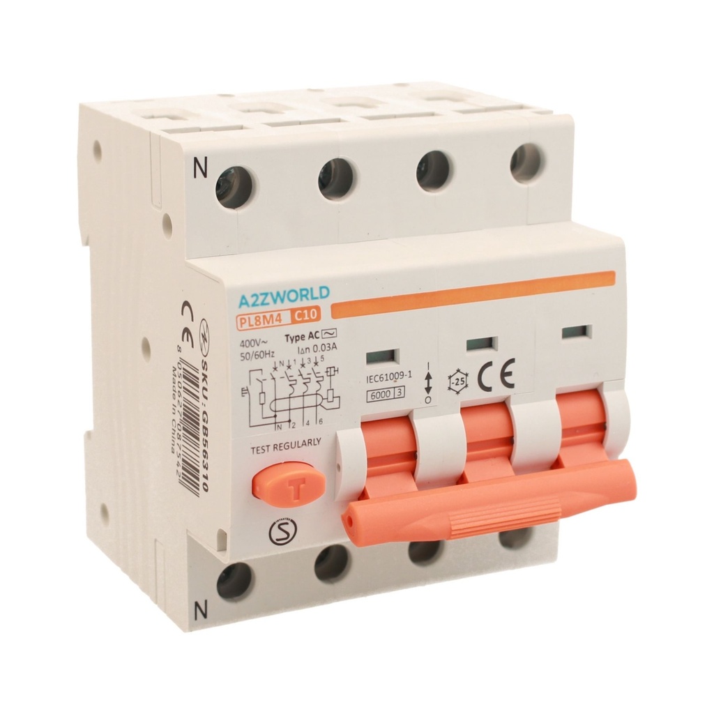 A2ZWORLD RCBO Interruttore Magnetotermico Differenziale Tipo AC Curva C 3P+N 4M 6000A 30mA AC 400V IP20 IEC61009-1 PL8M4, Corrente Disponibili 10A 16A 20A 25A 32A 40A