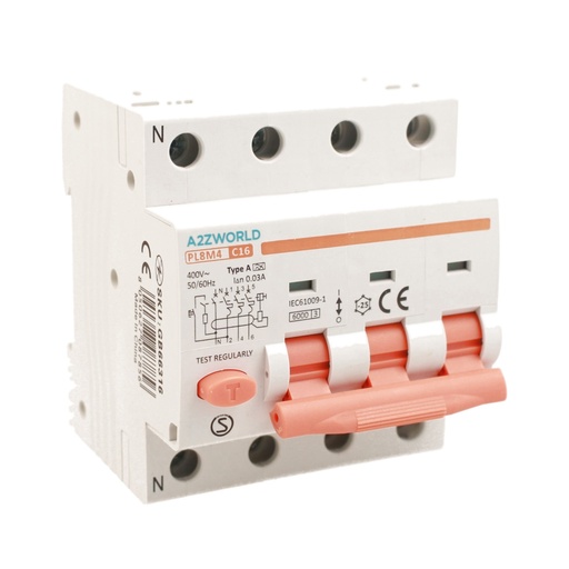 [GB66316] RCBO Interruttore Magnetotermico Differenziale Tipo A Curva C 3P+N 4M 6000A 30mA C16A AC 400V IP20 IEC61009-1 PL8M4