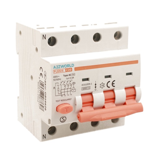 [GB56620] RCBO Interruttore Magnetotermico Differenziale Tipo AC Curva C 3P+N 4M 6000A 300mA C20A AC 400V IP20 IEC61009-1 PL8M4