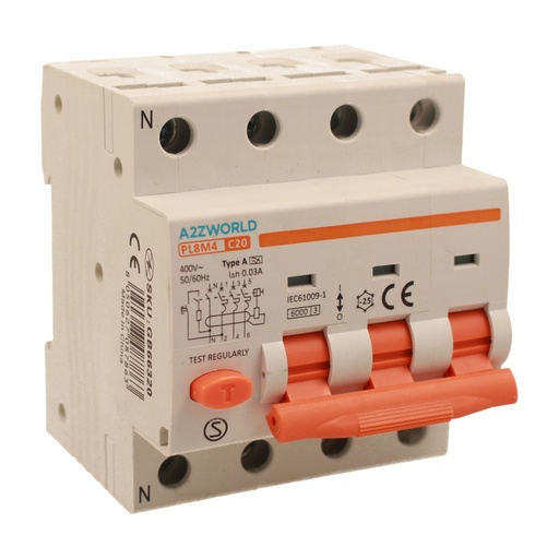[GB66320] RCBO Interruttore Magnetotermico Differenziale Tipo A Curva C 3P+N 4M 6000A 30mA C20A AC 400V IP20 IEC61009-1 PL8M4