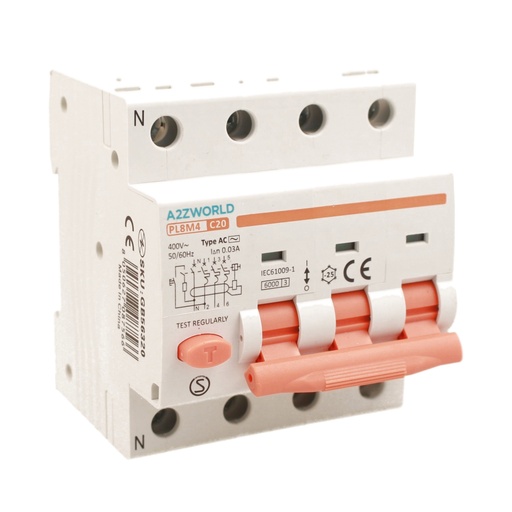 [GB56320] RCBO Interruttore Magnetotermico Differenziale Tipo AC Curva C 3P+N 4M 6000A 30mA C20A AC 400V IP20 IEC61009-1 PL8M4
