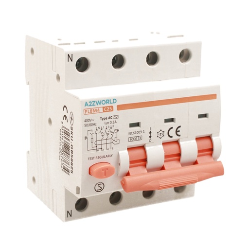 [GB56625] RCBO Interruttore Magnetotermico Differenziale Tipo AC Curva C 3P+N 4M 6000A 300mA C25A AC 400V IP20 IEC61009-1 PL8M4
