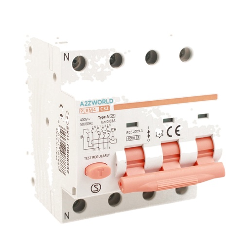 [GB66332] RCBO Interruttore Magnetotermico Differenziale Tipo A Curva C 3P+N 4M 6000A 30mA C32A AC 400V IP20 IEC61009-1 PL8M4