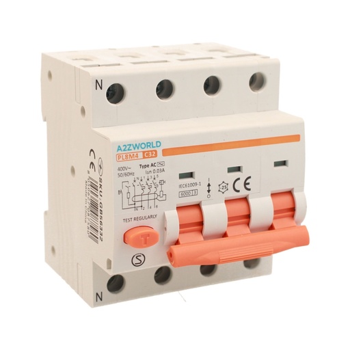 [GB56332] RCBO Interruttore Magnetotermico Differenziale Tipo AC Curva C 3P+N 4M 6000A 30mA C32A AC 400V IP20 IEC61009-1 PL8M4