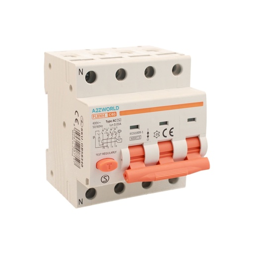 [GB56340] RCBO Interruttore Magnetotermico Differenziale Tipo AC Curva C 3P+N 4M 6000A 30mA C40A AC 400V IP20 IEC61009-1 PL8M4
