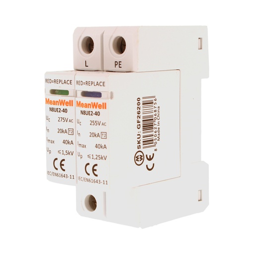 [GF25200] MeanWell SPD Scaricatore Di Sovratensione Modulare, Tipo 2 T2 1P+N 2M 20kA-40kA AC 275V IP20 IEC61643-11 N8UE2