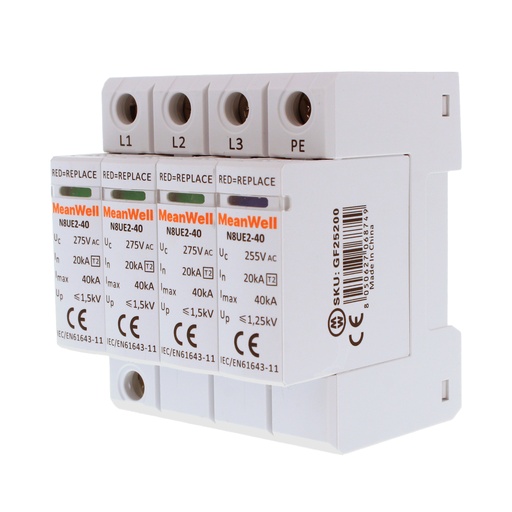 [GF26200] MeanWell SPD Scaricatore Di Sovratensione Modulare, Tipo 2 T2 3P+N 4M 20kA-40kA AC 275V IP20 IEC61643-11 N8UE2