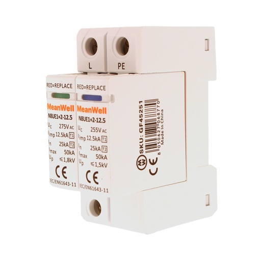 [GF45251] MeanWell SPD Scaricatore Di Sovratensione Tipo 1+2 T1+T2 B+C 1P+N 2M  25kA-50kA 12,5kV AC 275V IP20 IEC61643-11 N8UE1+2 