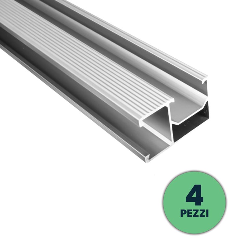 [FV11538] Profili in Alluminio Argento per Fissaggio Pannelli Solari Fotovoltaici Lunghezza 2m (Confezione 4 Pezzi) SKU-11538