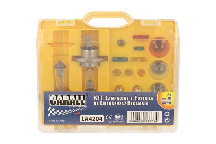 [LA4204] Kit lampade emergenza auto alogene H4 12V con fusibili, set ricambio 17 pezzi