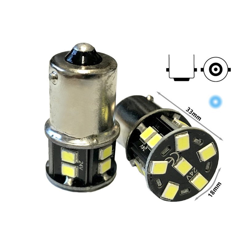[LS2056F] 2 Lampade LED BA15S 24V G18 R5W Bianco Freddo 16 SMD 2835 Piedi Dritti No Polarità