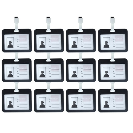 [AU700020] 12 Pezzi Porta Badge In PVC Con Corda Doppio Esposizione Nero Interno 85X54mm