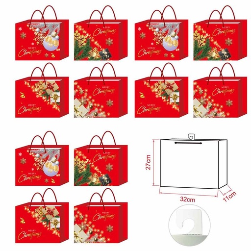 [NN366085X12] 12 Pezzi Sacchetti da Regalo Per Natale Buste Borse Regalo Orizontale Merry Christmas 27X32X11cm Manico In Corda