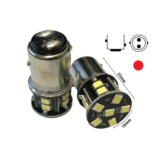 [LS2057R] 24V Lampada LED BAY15D 1157 P21/5W Rosso 16 SMD 2835 No Polarità 360° Durata Garantita