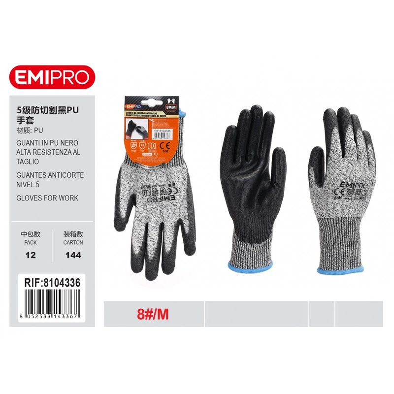 [AS314336] Guanti da Lavoro Livello 5 taglia M/8 colore nero/grigio